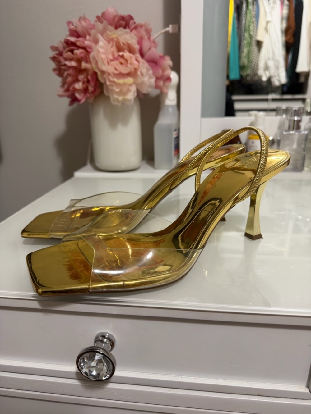 Zara Gold Metallic Slingback Heels with Clear Straps